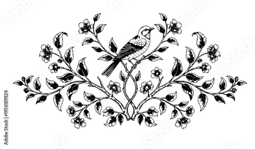 Vintage French chinoiserie garden bird with ornate botanical decor classical wallpaper style vector illustration