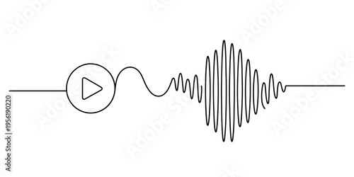 A minimalist line art graphic showing a play button icon transitioning into a rhythmic audio wave Vector, illustration
