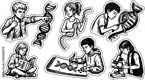 Line art dna stickers showing children studying genetics with microscope and sketchbook in black and white