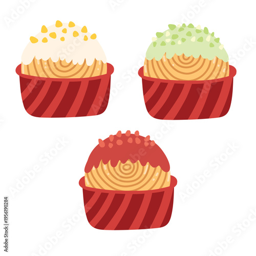 Set of hand drawn circle croissants, tasty bakery, pastry, french breakfast. Supreme croissant or New York Roll in paper bag