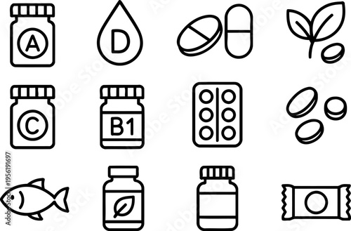 Health Supplements and Vitamins Line Icons