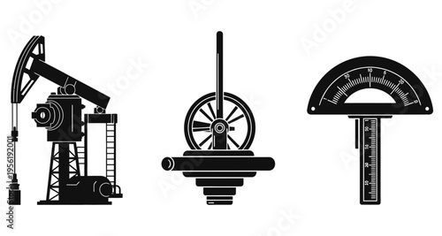 Oil Pump Jack Hand Wheel and ProtractorIndustrial Mechanical Components Silhouettes