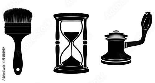 Paintbrush Hourglass Rotary Sander Icons Isolated on White Background. Symbolic Tools for Craftsmanship and Time Management. Minimalist Vector Art