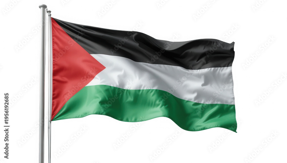 Fototapeta premium The Palestinian flag waving on a silver pole against a black background on transparent background