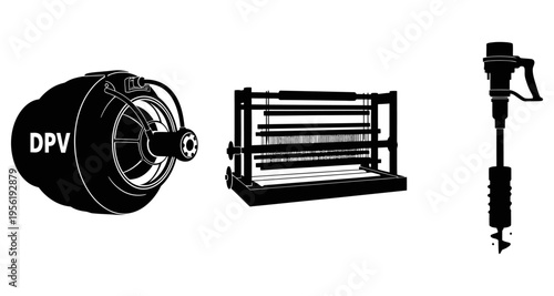 Underwater Scooter Textile Loom and Jackhammer SilhouettesIndustrial Equipment Collection