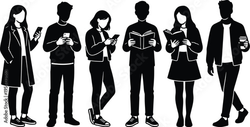 Six young people silhouette reading phones and books standing in a row black and white vector art