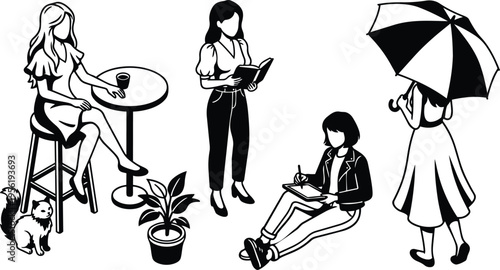 Line art women group with umbrella coffee cat and sketchbook interacting in casual scene