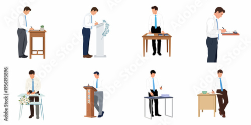 Flat vector illustration set of a man in formal attire signing documents at different desks, podiums, and tables, representing business or wedding themes.