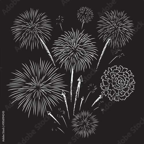 Fireworks Burst – Black & White Line Art