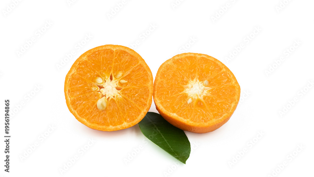 Fototapeta premium Slces of a cut Murcott mandarin orange, a type of citrus fruit known for its thin, easy-to-peel rind and sweet, juicy segments