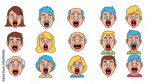 Diverse collection of cartoon faces expressing shock and surprise, featuring various ages and genders with wide-open mouths, isolated on white.