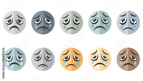 Vector illustration of a diverse collection of sad crying faces, depicting various emotions of sorrow and despair, isolated on white.