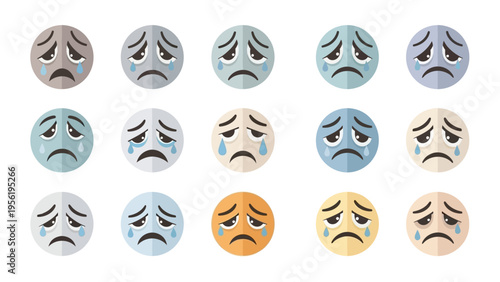 Set of flat design crying emoticons with tears, symbolizing sadness and emotional distress, digital graphic illustration.