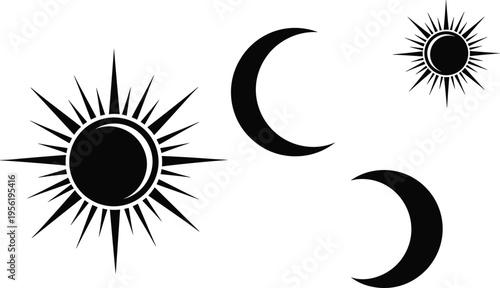 Celestial symbol illustration set, sun moon artwork design, mystical vector motif, bold graphic icon, black white cosmic symbol