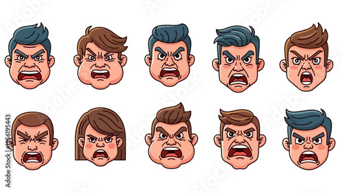 Angry cartoon faces vector illustration set. Diverse characters shouting in rage and frustration, isolated on white.