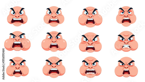 Vector illustration of diverse bald cartoon faces, expressing intense anger, frustration, and rage with exaggerated features.