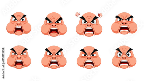 Intense Anger Facial Expressions Set: A Collection of Fuming Cartoon Characters Displaying Various Levels of Rage and Frustration