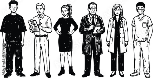 Line art black and white diverse professionals group including doctors nurse businessman and casual youth