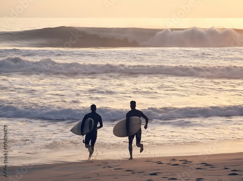 Two surfers run towards the ocean, surfboards in hand, ready to catch the perfect wave. The sun sets in the background, casting a warm glow over the scene.