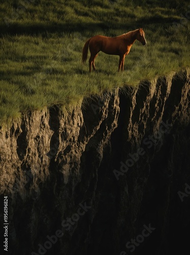 A solitary horse stands majestically on a grassy cliff edge, bathed in warm sunlight. The scene captures the essence of freedom and the beauty of nature's landscapes.