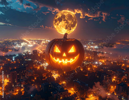Large glowing jack-o'-lantern dominates the night sky. Full moon shines behind the pumpkin. City lights twinkle below a misty urban landscape. Dark clouds frame the scene