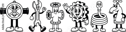 Black and white smiling valve wrench pipe gear hose and faucet characters lineup
