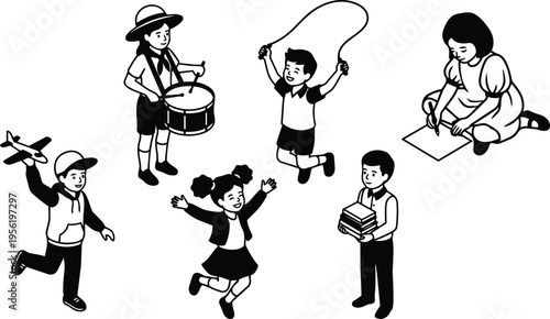 Black and white line art children playing with drum skipping rope toy plane drawing and books