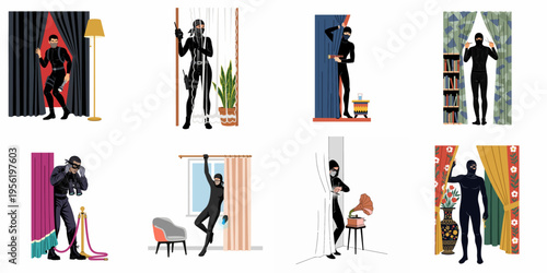 Set of illustrations depicting masked spies, burglars, and secret agents in black suits hiding behind curtains and performing undercover operations.