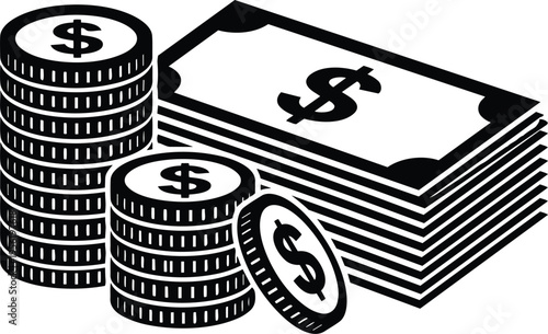 Stacked coins and banknotes with dollar symbol in black and white line art