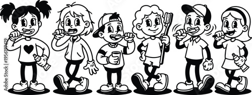 Black and white retro cartoon six children brushing teeth with tubes cup and oversized toothbrushes