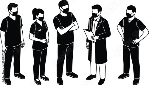 Black and white line art doctor with clipboard and masked medical staff standing in group