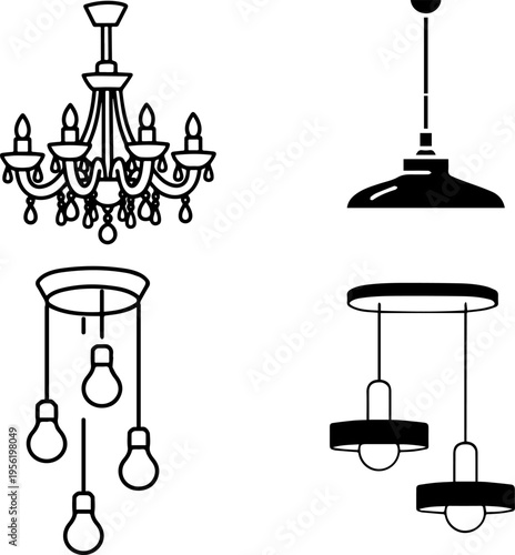 Interior Lighting and Chandelier Vector Icon Set: Pendant Lamps, Ceiling Lights, and Modern Fixtures