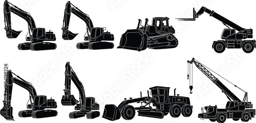 Professional heavy construction machinery vector silhouette set including excavators bulldozer crane and grader isolated on white background for industrial earthmoving and civil engineering projects