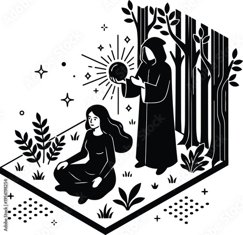 Mystical hooded oracle holding radiant orb above seated woman in forest hexagon scene black and white