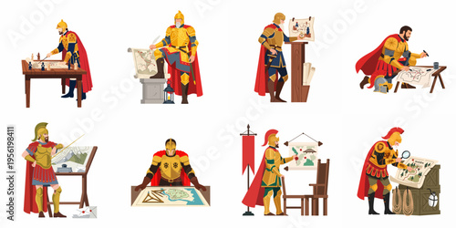 Set of medieval generals and military commanders in golden armor planning battle strategies using maps, isolated on white background.