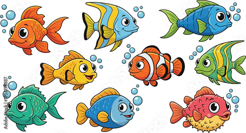 Kawaii Tropical Fish Vector Sticker Collection Featuring Cute Colorful Sea Creatures Including Clownfish Angelfish and Pufferfish With Bubbles for Ocean Nursery Decor and Children Educational Projects