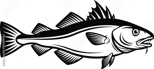 Stylized fish illustration, marine artwork design, aquatic vector motif, bold graphic icon, black white ocean symbol