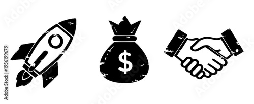 Illustration of Rocket ship handshake money bag icons