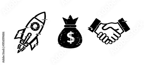Illustration of Rocket ship handshake money bag icons
