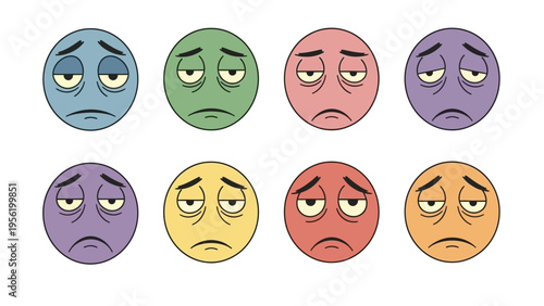 Eight vibrant, stylized facial expressions illustrating universal feelings of fatigue, sadness, and exhaustion, presented as a clear and simple graphic icon set.