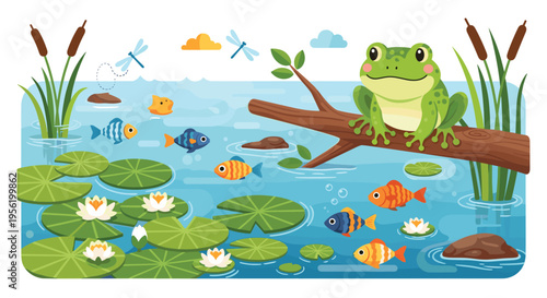 Kawaii Frog Pond Vector Scene Featuring Cute Green Frog on Branch Colorful Fish Water Lilies Dragonflies and Reeds for Children Nursery Decor and Nature Illustration