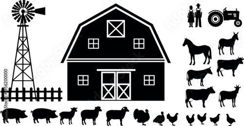 Farm, silhouettes, set, with, barn, windmill, tractor, farmers, livestock, cow, horse, pig, sheep, chicken, agriculture, country, ranch, vector, illustration, isolated.