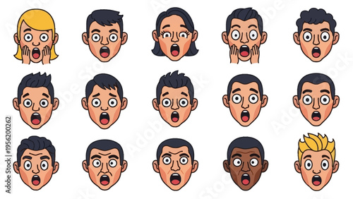 Diverse cartoon faces expressing extreme surprise and shock with wide eyes and open mouths, a vibrant collection of human emotional reactions.