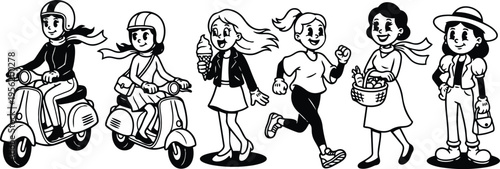 Black and white line art women riding scooters eating ice cream jogging carrying groceries and posing