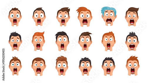 Set of diverse male cartoon faces expressing extreme shock and surprise. Exaggerated emotional reactions in a vector illustration collection.