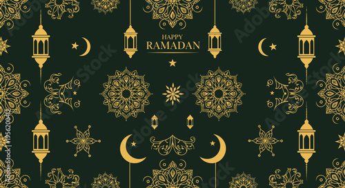 Elegant golden Islamic patterns and festive elements on a dark background, a refined design for Ramadan celebrations and spiritual greetings
