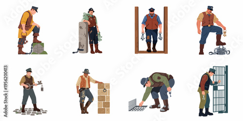 Set of eight vintage jailer and prison warden character illustrations in various poses holding keys, shackles, and standing by cell bars.