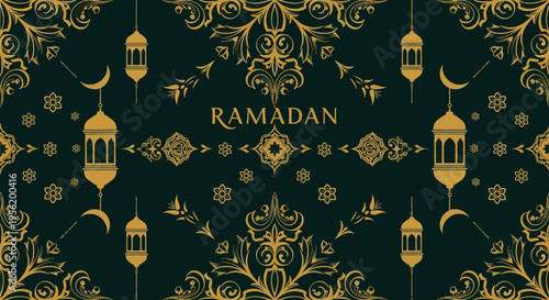 Elegant Ramadan background with ornate golden lanterns, crescent moons, and intricate arabesque patterns on a deep teal backdrop, perfect for festive greetings and Islamic celebrations
