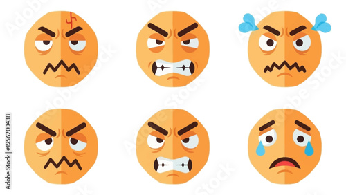 A comprehensive collection of diverse digital faces, vividly portraying various negative emotions like anger, frustration, and sadness, ideal for communication tools and graphic design projects.