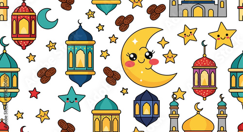 Cute and Colorful Seamless Ramadan Pattern with Cartoon Mosques, Crescent Moons, Stars, and Lanterns for Festive Islamic Celebrations Background